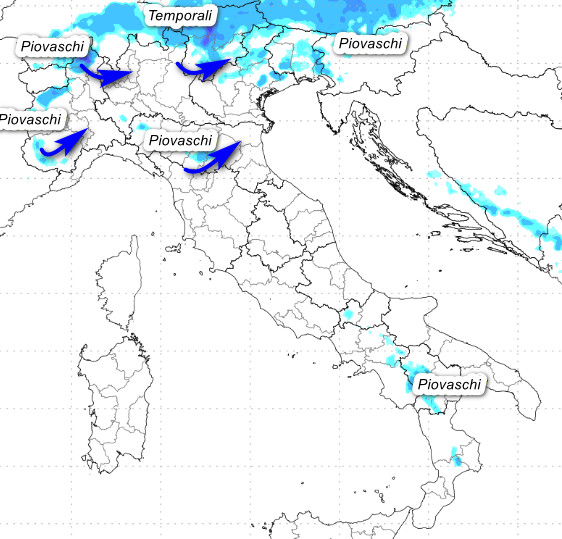 sommatoria delle precipitazioni attese in Italia tra le 14 di domenica 7 e le 2 di lunedi 8 giugno, in accordo con il modello Moloch elaborato su base grafica Lamma