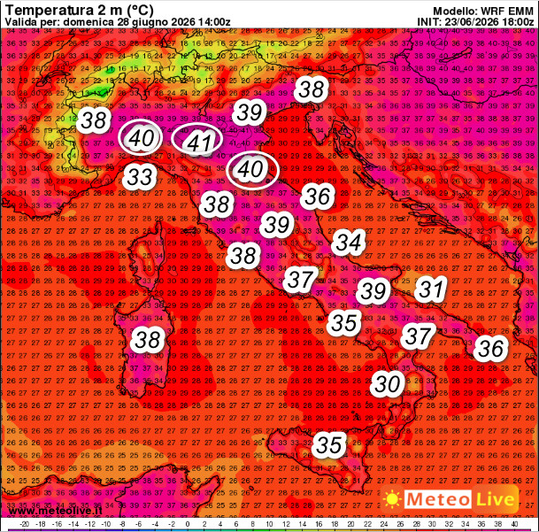 temperature al suolo attese in Italia alle ore 16 di domenica 28 giugno