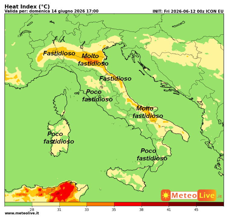 INDICE di DISAGIO da CALDO atteso in Italia alle ore 17 di domenica 14 giugno