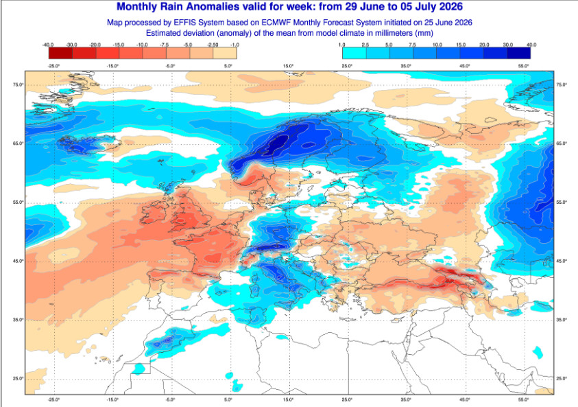 anomalie precipitative attese sul nostro Paese nel lasso temporale compreso tra il 29 giugno ed il 5 luglio