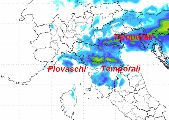 precipitazioni attese in Italia fino alle ore 14 di lunedi 1 giugno secondo il modello Moloch elaborato su base grafica Lamma