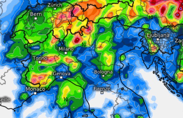 I primi forti temporali della serata di luned&igrave; 29 giugno previsti dal modello GFS su base grafica Meteologix.