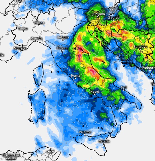 La distribuzione dei temporali del 2 luglio secondo il modello GFS su base grafica Meteologix.