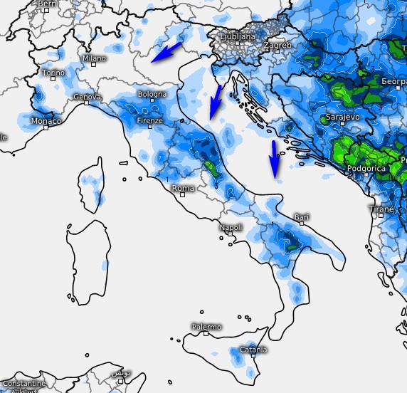 Le precipitazioni previste per giovedì 11 giugno secondo il modello ECMWF su base grafica Meteologix.