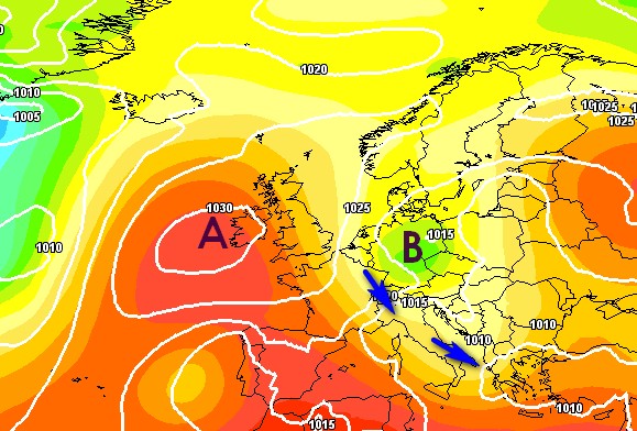 L'incredibile deriva dell'anticiclone previsto dal modello GFS per il 13 giugno nella ricostruzione grafica di Meteociel. 