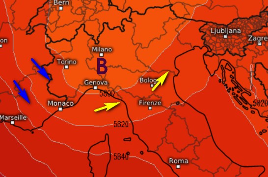La saccatura di mercoled&igrave; 1&deg; luglio secondo il modello ECMWF su base grafica Meteologix.
