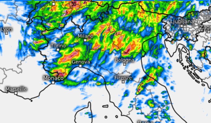 La mappa precipitazioni del modello Harmonie per il primo luglio su base grafica Meteologix. 