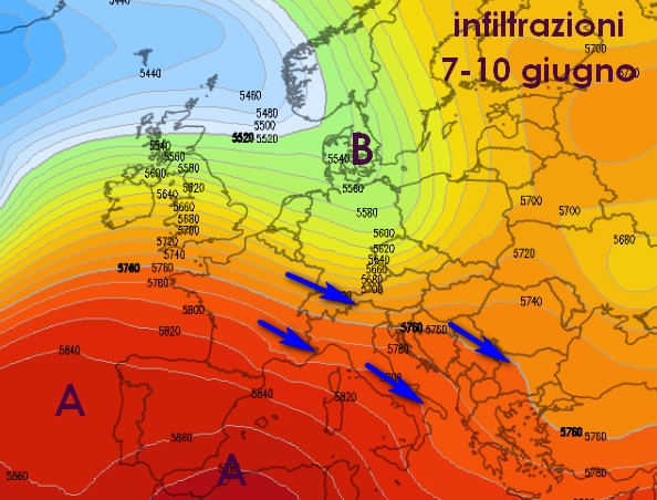 Le infiltrazioni fresche viste dal modello ECMWF tra il 7 e il 10 giugno.