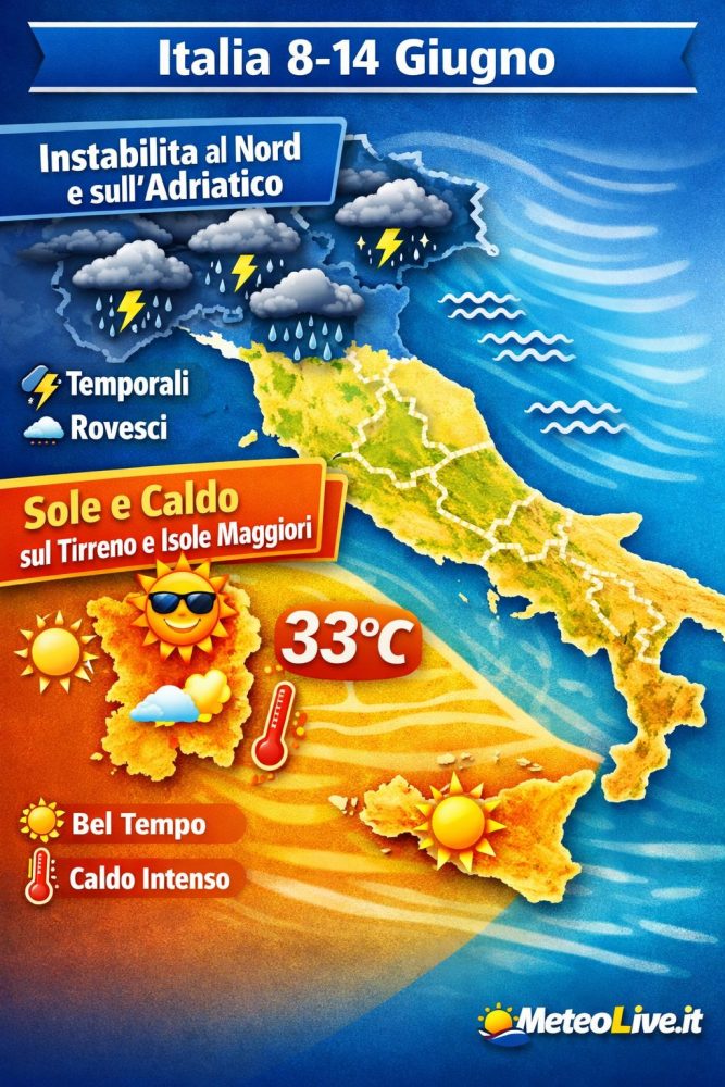 La sintesi del tempo previsto per la settimana 8-14 giugno in Italia, temporali in agguato al nord.