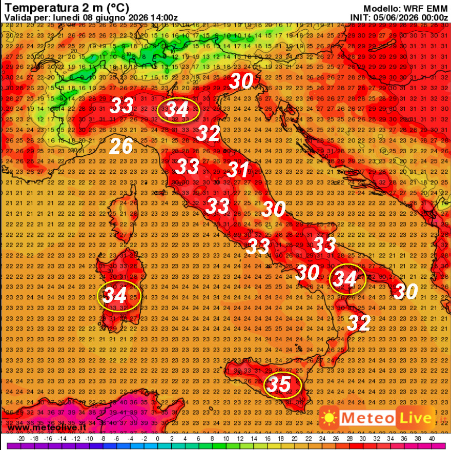 temperature attese in Italia alle ore 16 di lunedi 8 giugno: