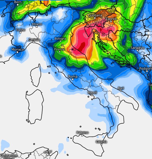 Il maltempo sul medio Adriatico e l'estremo nord-est secondo ECMWF domenica 14 giugno con clima fresco e ventilato ovunque, base grafica Meteologix