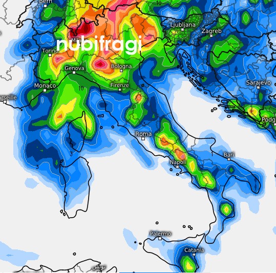 Il maltempo in arrivo il 1° luglio secondo GFS su base grafica meteologix.