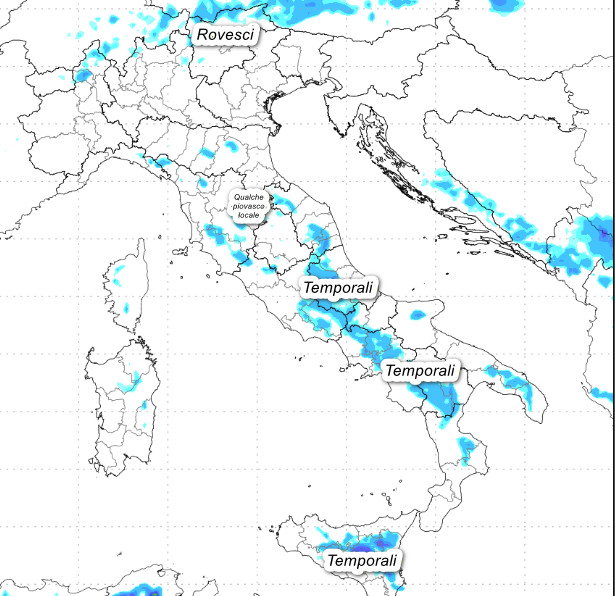 sommatoria delle precipitazioni attese in Italia tra il pomeriggio e la serata di martedi 16 giugno secondo il modello Moloch elaborato su base grafica Lamma