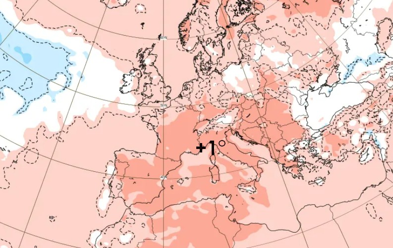 Anomalia termica di temperatura al suolo per la prima decade di luglio secondo il modello ECMWF.
