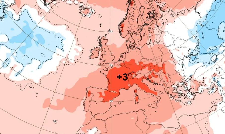 Anomalia di temperatura a 2m per l'ultima decade di giugno secondo il modello ECMWF.