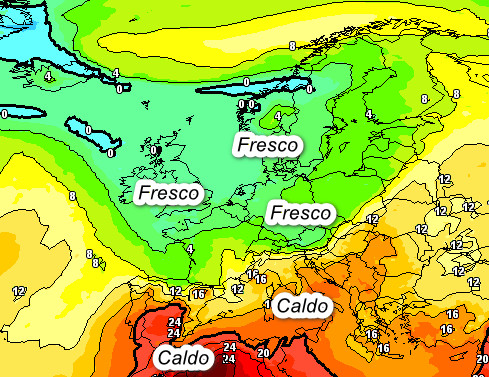 temperature a 1500 metri attese in Europa nel pomeriggio di mercoledi 10 giugno secondo il modello GFS elaborato su base grafica Meteociel