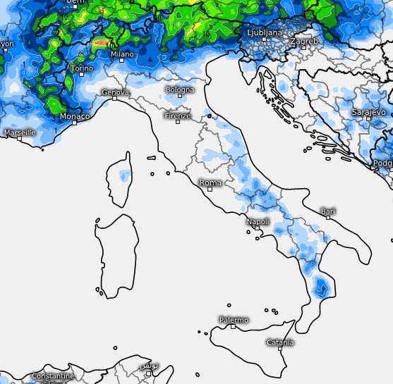 Ecco un esempio dell'instabilit&agrave; temporalesca (verde pi&ugrave; intensa) che potrebbe registrarsi mercoled&igrave; 10 giugno secondo il modello ECMWF su base grafica Meteologix.