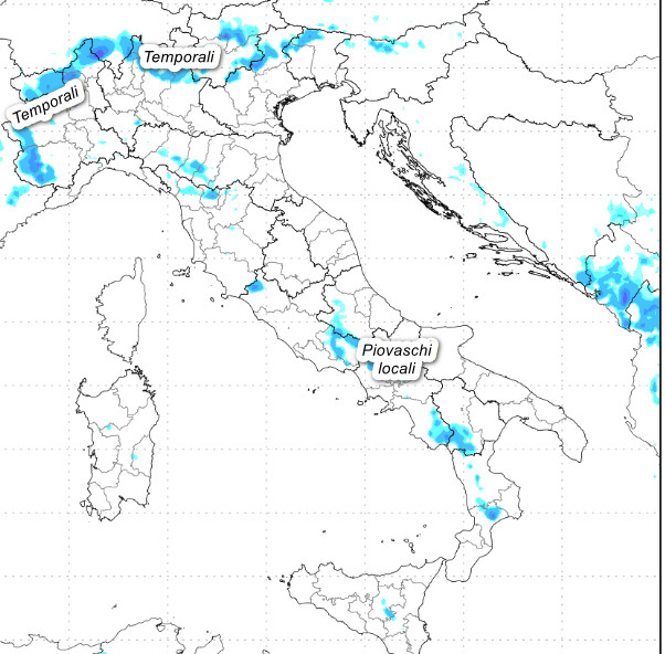 sommatoria dei fenomeni attesi in Italia nel pomeriggio-sera di mercoledi 17 giugno sempre secondo il modello Moloch elaborato su base grafica Lamma