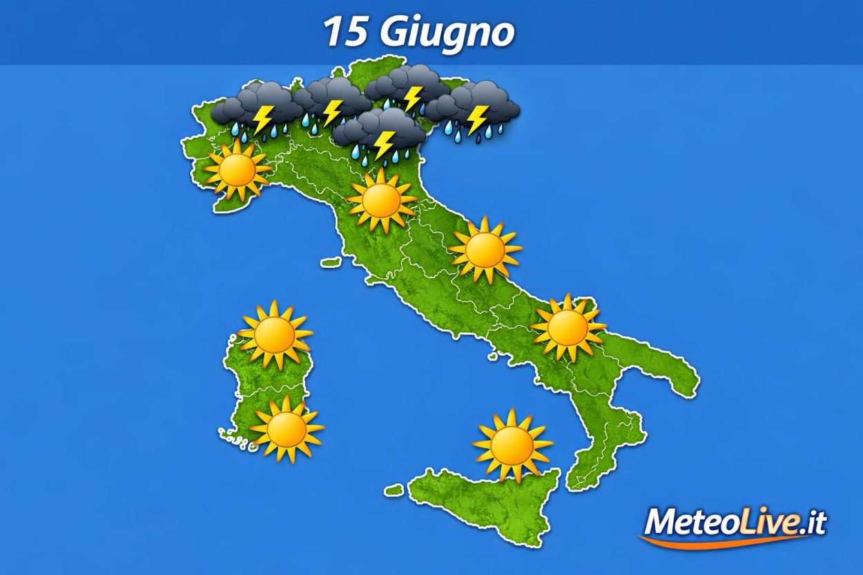 I fenomeni attesi nel pomeriggio-sera di lunedì 15 secondo l'elaborazione MeteoLive.it