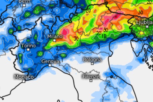 Il maltempo di mercoledì 10 al nord secondo Ecmwf su base grafica Meteologix.