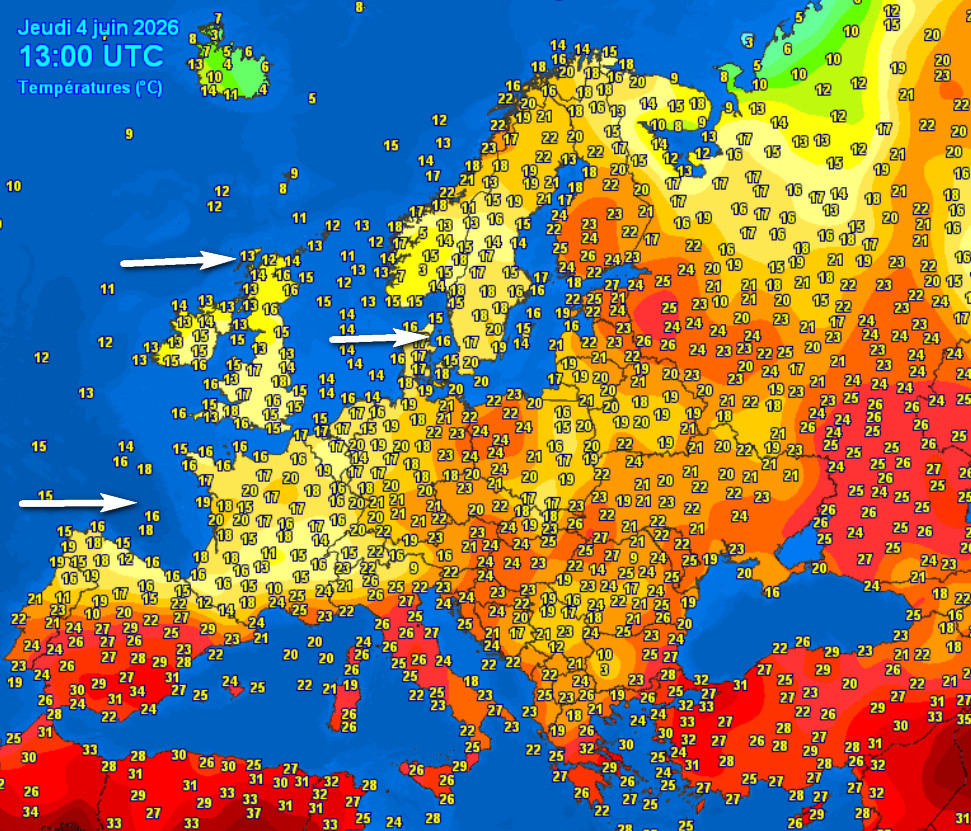 temperature registrate in Europa alle ore 15 italiane di giovedi 4 giugno