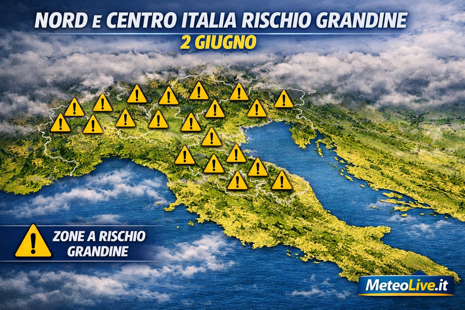 GRANDINE grossa: le aree più a rischio martedì 2 giugno Le zone a maggior rischio di temporali con grandine.
