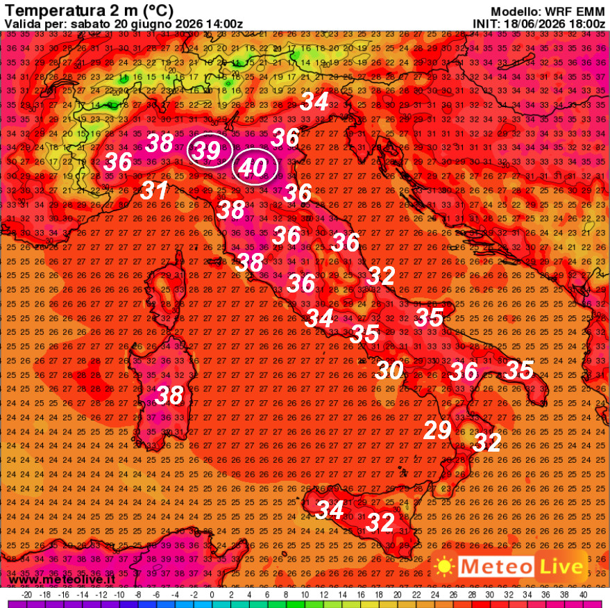 temperature attese in Italia alle ore 16 di sabato 20 giugno