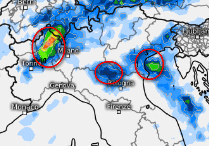 sommatoria delle precipitazioni attese sul nord Italia nell'arco della giornata di sabato 6 giugno secondo il modello ICON elaborato su base grafica Meteologix