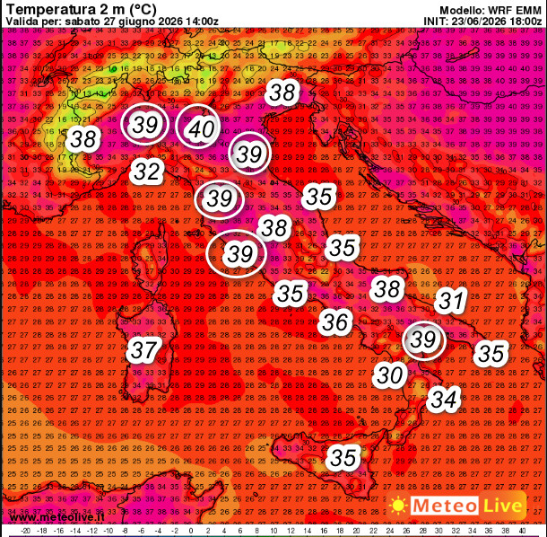 temperature al suolo attese in Italia alle ore 16 di sabato 27 giugno