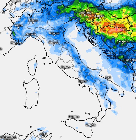 le aree a maggior rischio fenomeni tra il 9 e il 12 giugno secondo il modello ECMWF su base grafica Meteologix (in azzurro)