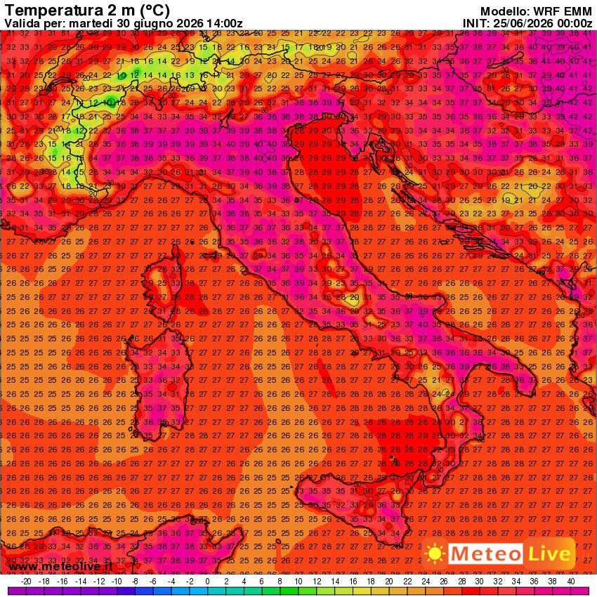 temperature attese in Italia alle ore 16 di marted&igrave; 30 giugno