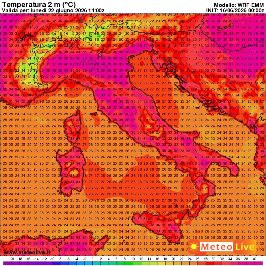 temperature al suolo attese in Italia alle ore 16 di lunedi 22 giugno