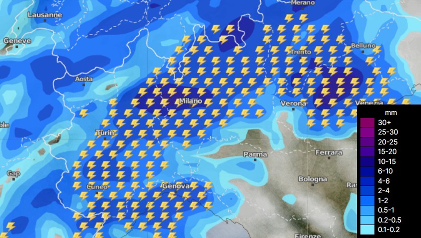 Mappa prevista dal modello ICON su base grafica Wetterdienst prevista per le ore 20 di oggi.