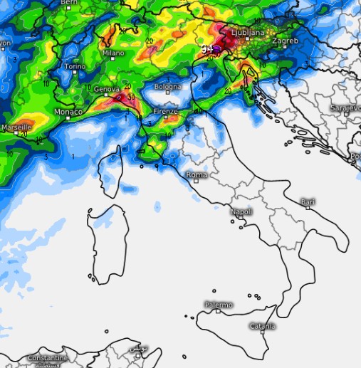 Sintesi dei fenomeni attesi sull'Italia venerdì 5 giugno secondo il modello MRF e su base grafica Meteologix.