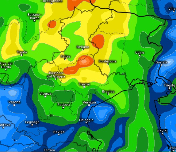 La scarica di temporali sulle Venezie di mercoled&igrave; 1 sera secondo il modello ACCESS su base grafica Meteologix.