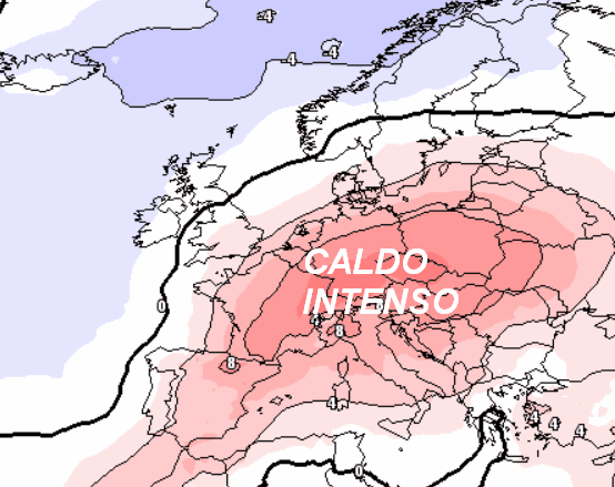 anomalie termiche a 1500 metri attese in Europa secondo la media degli scenari del modello GFS elaborata su base grafica Meteociel e valida per sabato 1 agosto