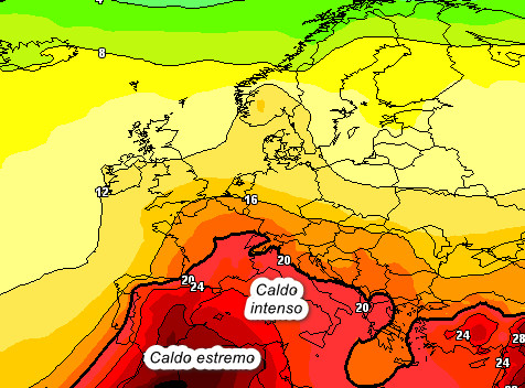temperature a 1500 metri attese in Europa nelle ore centrali di mercoledi 15 luglio secondo la media degli scenari del modello GFS elaborato su base grafica Meteociel