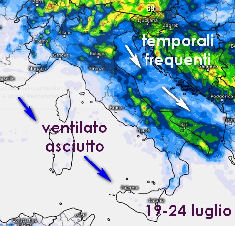 Ecco la sommatoria dei fenomeni tra il 19 e il 24 luglio secondo il modello ECMWF su base grafica Meteologix.