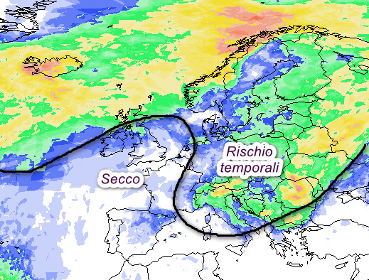 mappa della probabilit&agrave; di pioggia e/o temporali attesi in Italia sempre nella giornata di mercoled&igrave; 22 luglio secondo la media degli scenari del modello GFS elaborata su base grafica Meteociel