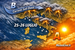 Il maltempo su molte regioni d'Italia atteso nel fine settimana 25-26 luglio
