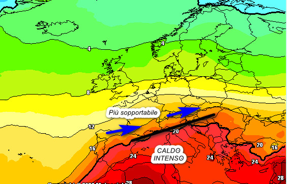 temperature a 1500 metri attese in Europa nelle ore centrali di sabato 8 agosto secondo il modello GFS elaborato su base grafica Meteociel