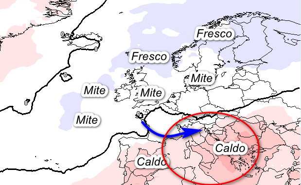 mappa delle anomalie termiche a 1500 metri attese in Europa nelle ore centrali di sabato 8 agosto
