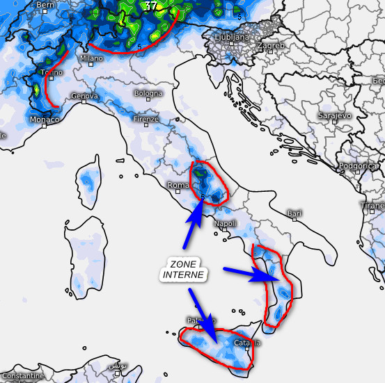 le aree interessate dalle piogge fino a domenica 2 agosto