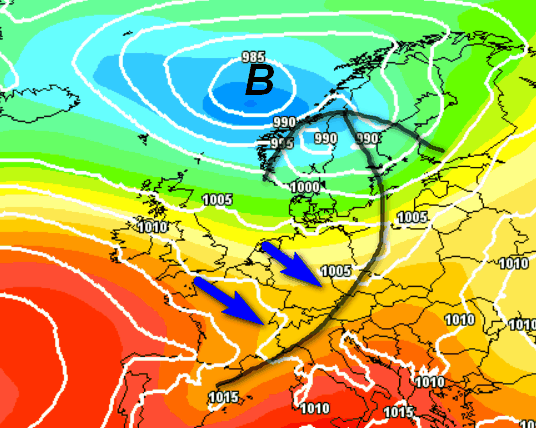 quadro sinottico atteso in Europa nelle ore centrali di domenica 26 luglio secondo il modello GFS elaborato su base grafica Meteociel