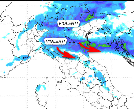 fenomeni attesi in Italia fino alle ore 14 di martedì 21 luglio secondo il modello Moloch elaborato su base grafica Lamma