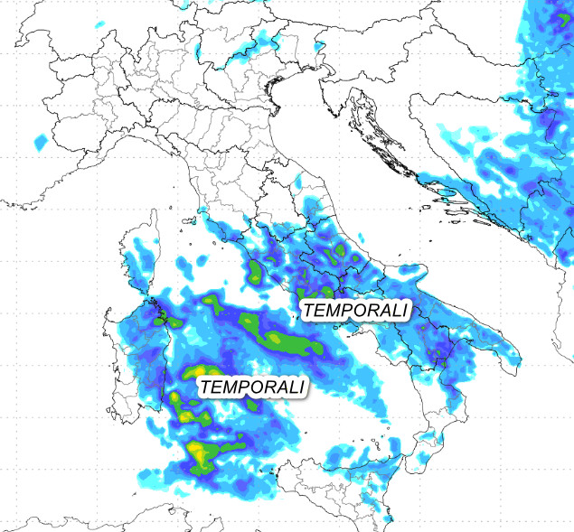 sommatoria delle piogge attese in Italia tra le 14 di giovedi 2 e le 2 su venerdi 3 luglio sempre secondo il modello Moloch elaborato su base grafica Lamma
