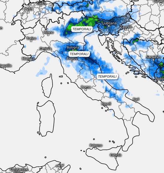 sommatoria delle precipitazioni attese in Italia nell'arco di domenica 19 luglio sempre secondo il modello ICON elaborato su base grafica Meteologix