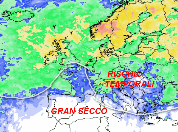 probabilità di pioggia in Europa valida per domenica 26 luglio sempre secondo il modello GFS elaborato su base grafica Meteociel