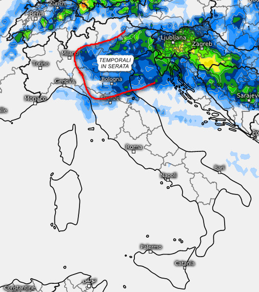sommatoria delle precipitazioni attese in Italia nell'arco della giornata di sabato 18 luglio secondo il modello ICON elaborato su base grafica Meteologix