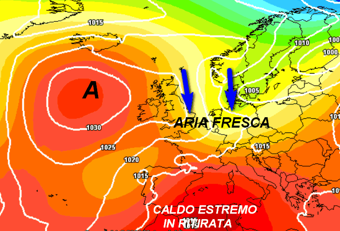 quadro sinottico atteso in Europa nelle ore centrali di domenica 19 luglio secondo il modello GFS elaborato su base grafica Meteociel